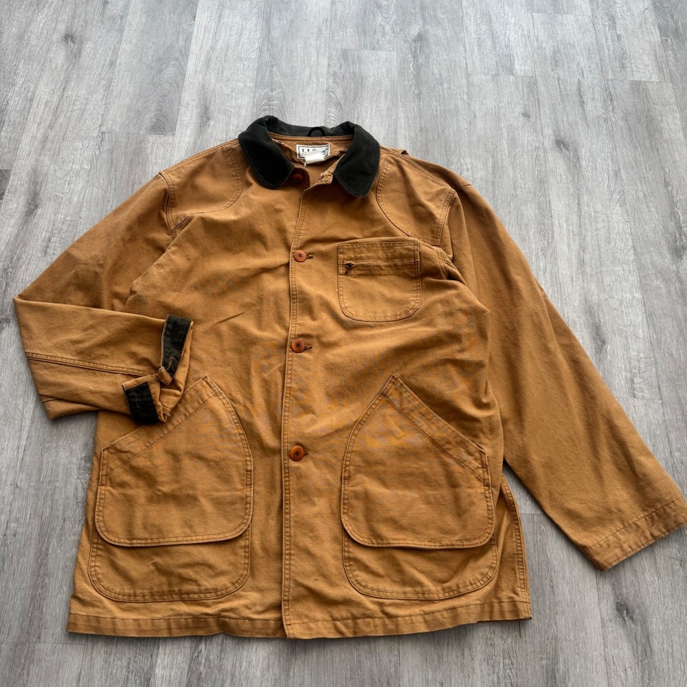 Vintage LL Bean Mens Large Field Coat Brown Canvas Corduroy Collar Barn Jacket